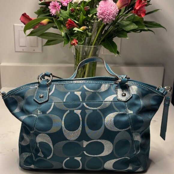 Coach Teal Metallic Silver Logo Jacquard Gallery Tote Bag Purse F20426 - Picture 3 of 15